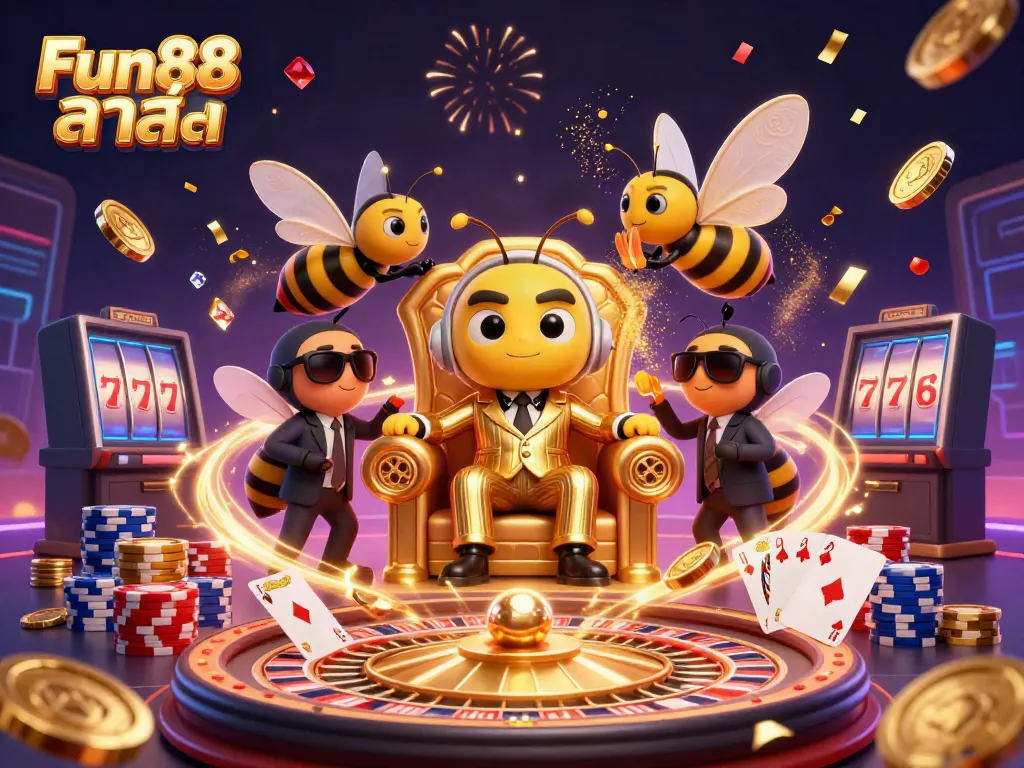 Join the excitement with Fun88 ล่าสุด, featuring a vibrant casino scene filled with lively characters and sparkling games.