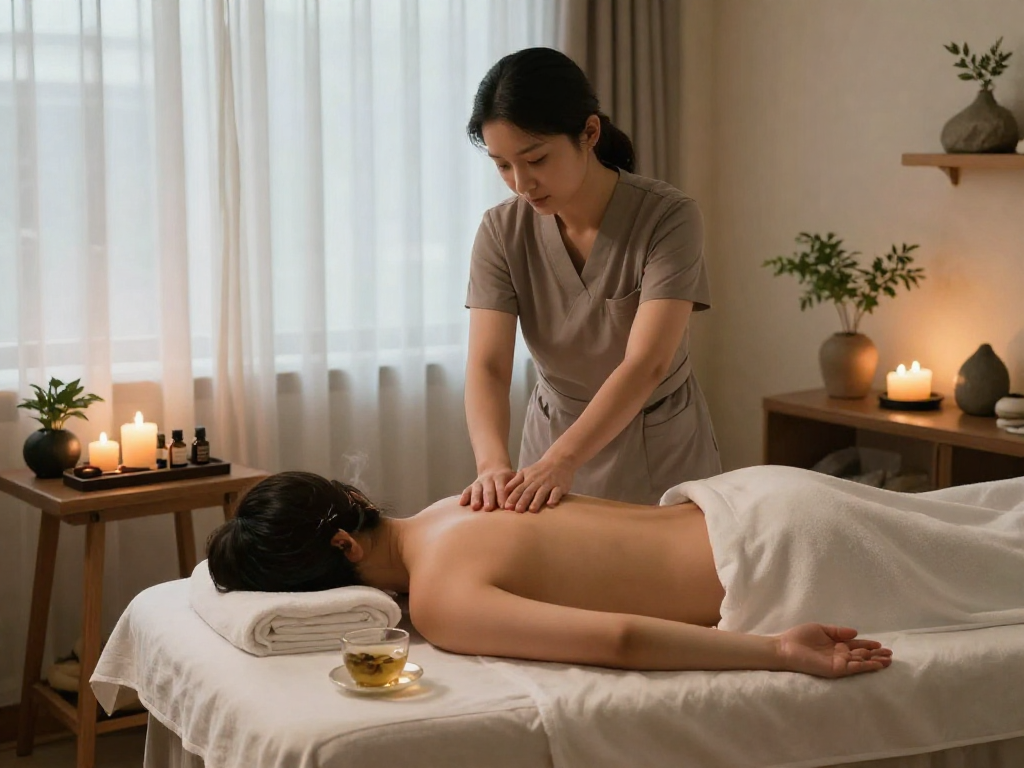 Relaxing 부천출장마사지 session with aromatic candles and soothing atmosphere.
