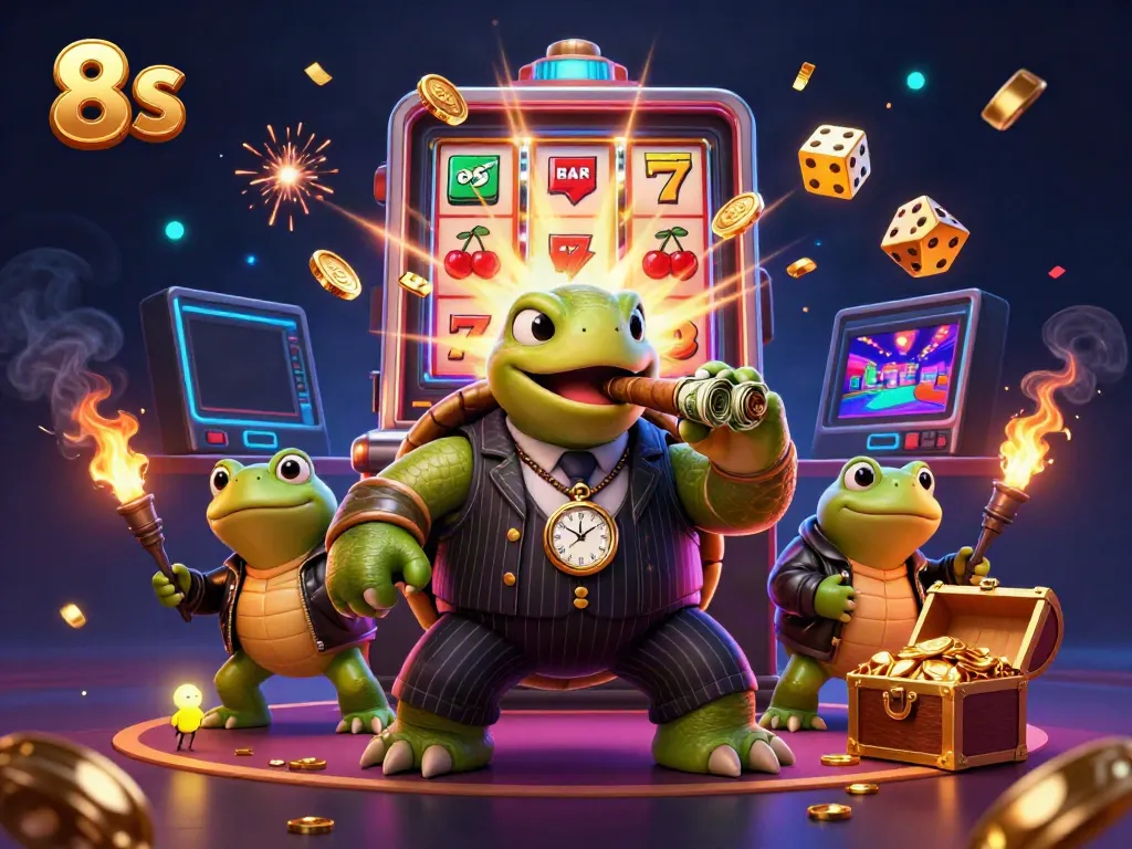 Engaging 3D scene showcasing the lively characters of the 8 S casino theme with a jackpot explosion and colorful game elements.