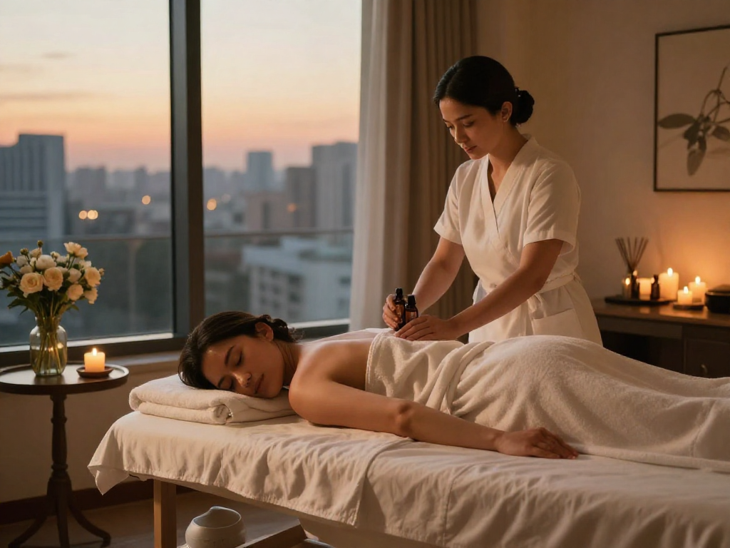 출장마사지 in a serene hotel setting showcasing a relaxing atmosphere with essential oils and soothing lighting.