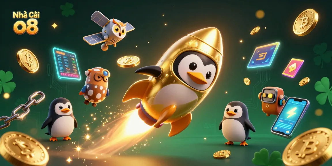 Play and win at Nhà cái o8 with a vibrant 3D digital illustration of a golden penguin and casino elements.