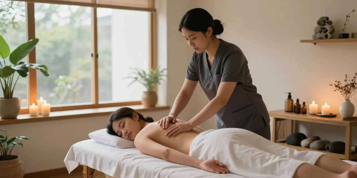 1인샵에서 고객에게 편안한 마사지를 제공하는 치료사와 아늑한 분위기의 웰니스 스튜디오 장면