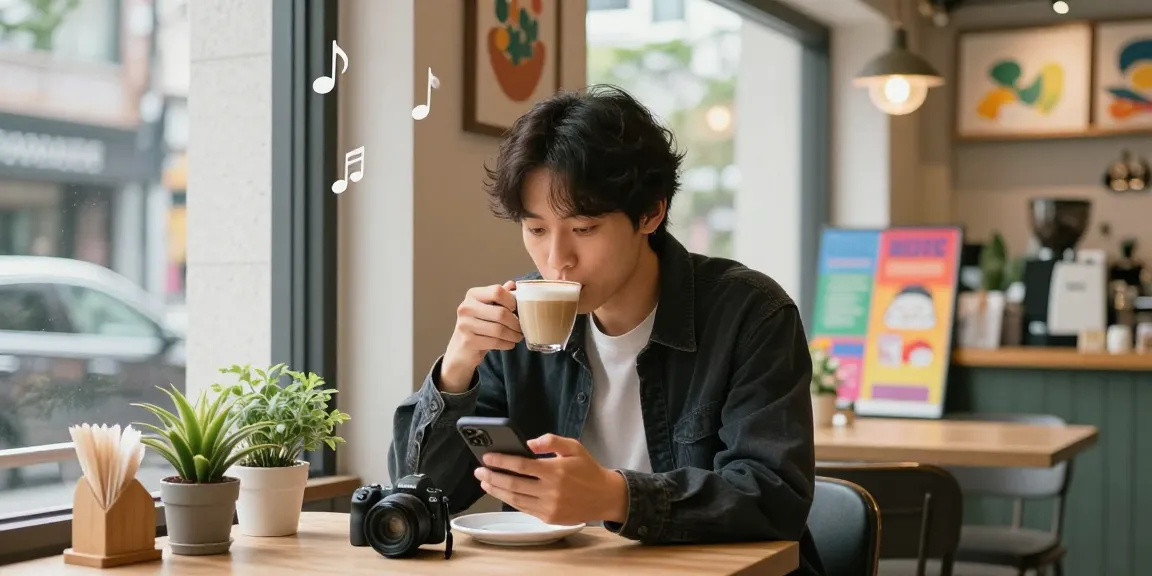 Individual enjoying a latte at a trendy cafe, symbolizing the vibrant lifestyle of 오피코리아.
