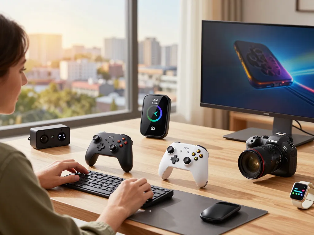 Showcasing cool tech gadgets under $146, a tech enthusiast engages with various Bluetooth devices in a stylish home office.