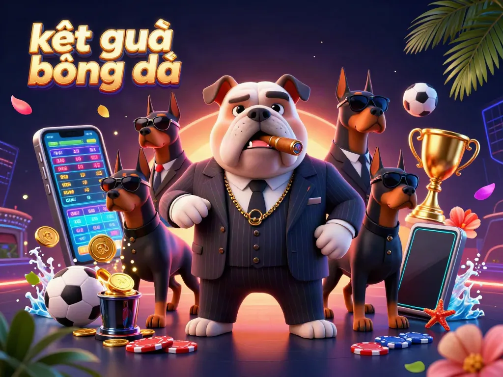 Experience exhilarating kết quả bóng đá updates in a vibrant scene featuring a charming mafia dog and bodyguard Dobermans among sports betting elements.