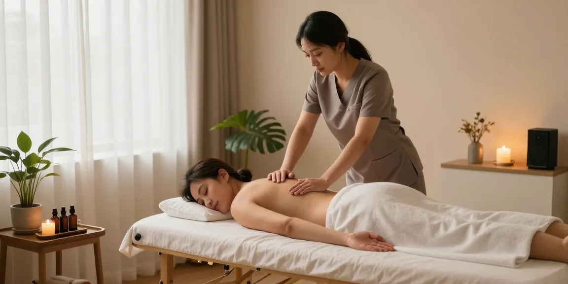 러시아안마를 받는 고객과 전문 관리사의 포근한 마사지 환경