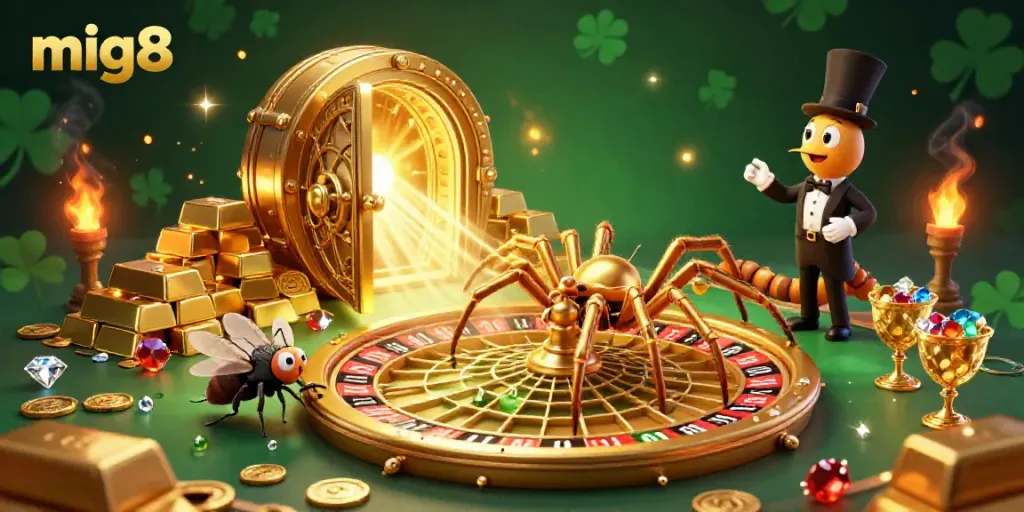 Experience vibrant betting action at mig8 with 3D characters in a gold-filled casino scene.