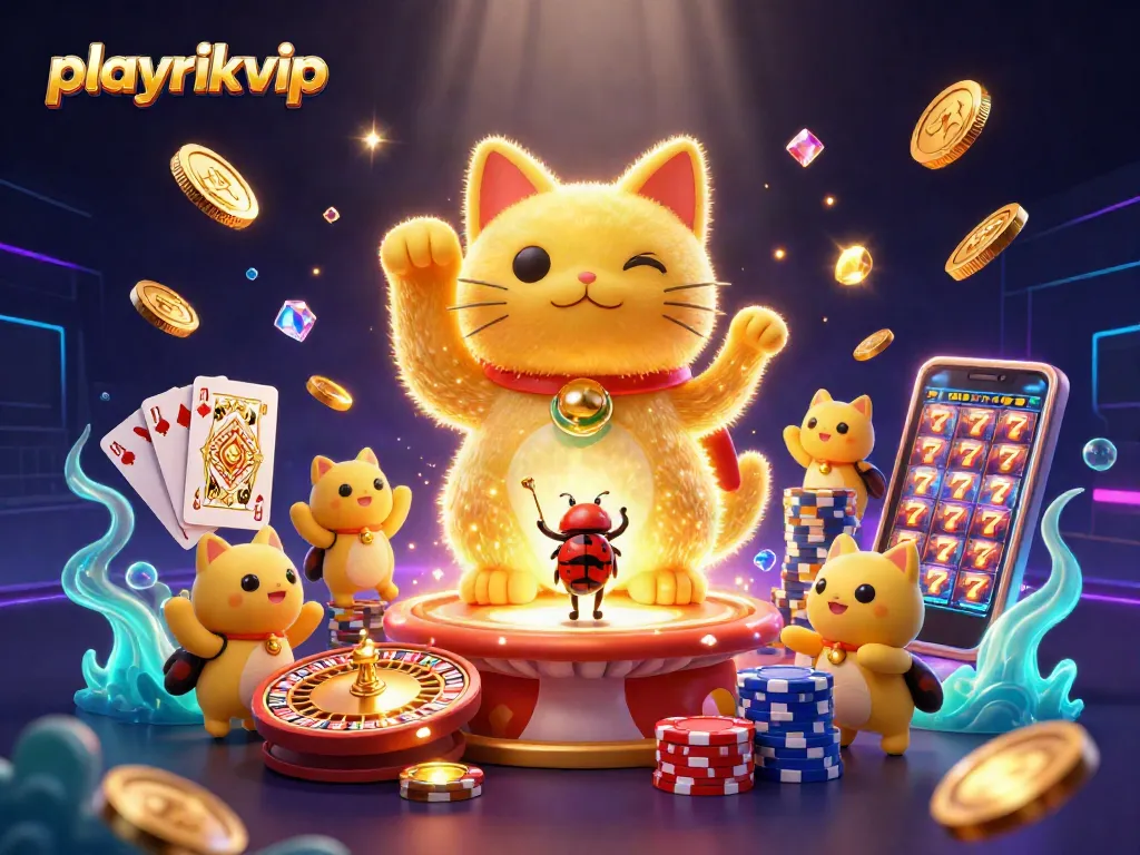 Engage with playrikvip, featuring a dynamic scene of casino elements and a lucky cat illustration.