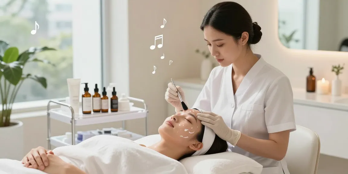 물광필링 치료를 받는 고객과 스파 환경의 아티스트를 보여주는 아름다움과 화장품 이미지