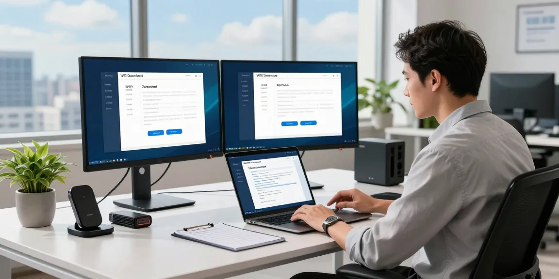 WPS Download interface displayed on monitors in a modern workspace with productive elements.