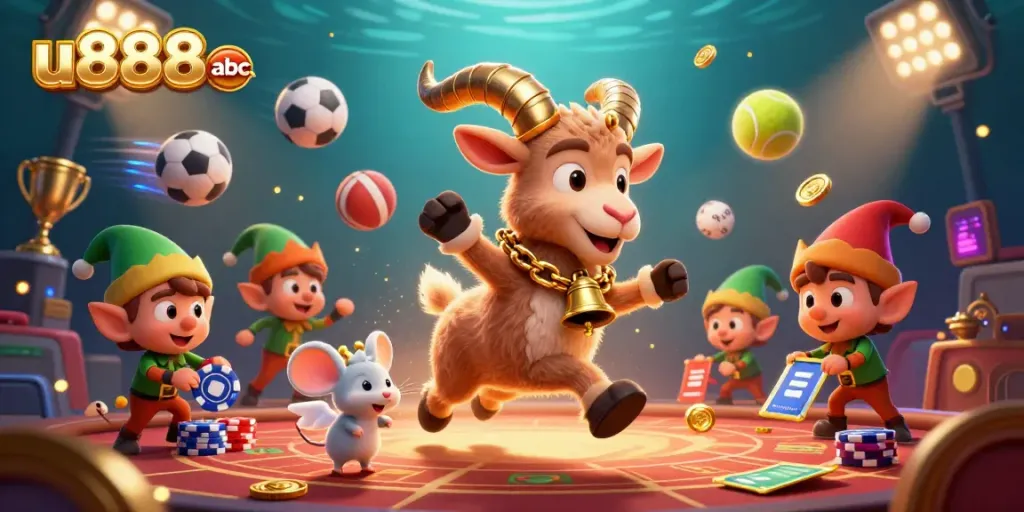 Join the fun at u888 abc's exciting casino scene with festive characters and dynamic sports elements.