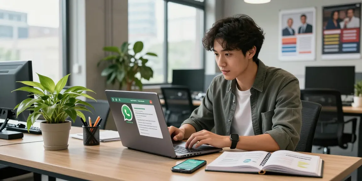 Professional assisting clients via WhatsApp網頁版 in a vibrant workspace with laptops and marketing notes.