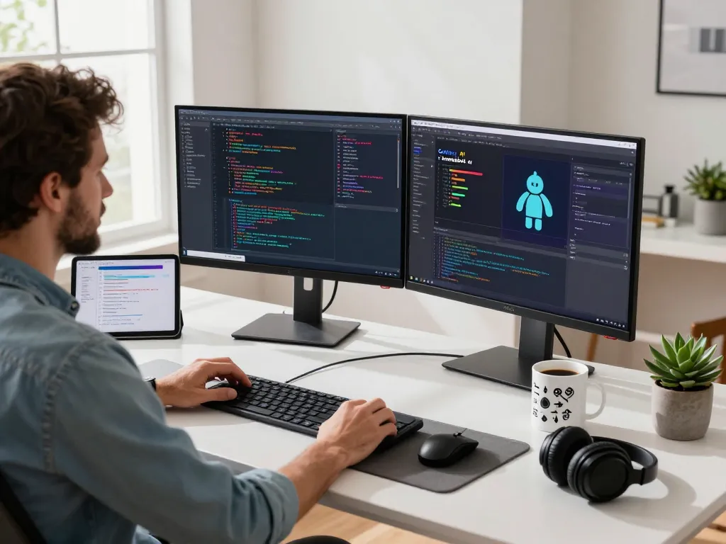 Developer engaging with clawdbot ai on dual screens in a modern home office
