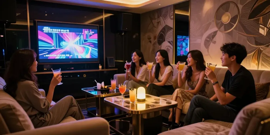 강남달토의 고급스럽고 아늑한 가라오케룸에서 친구들이 즐거운 시간을 보내고 있는 모습