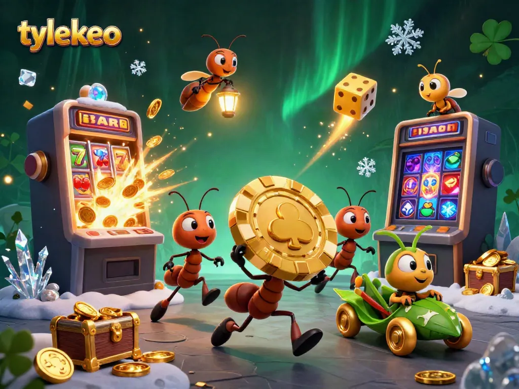 Experience thrilling bets with tylekeo as ants transport a giant poker chip amidst slot machine excitement.