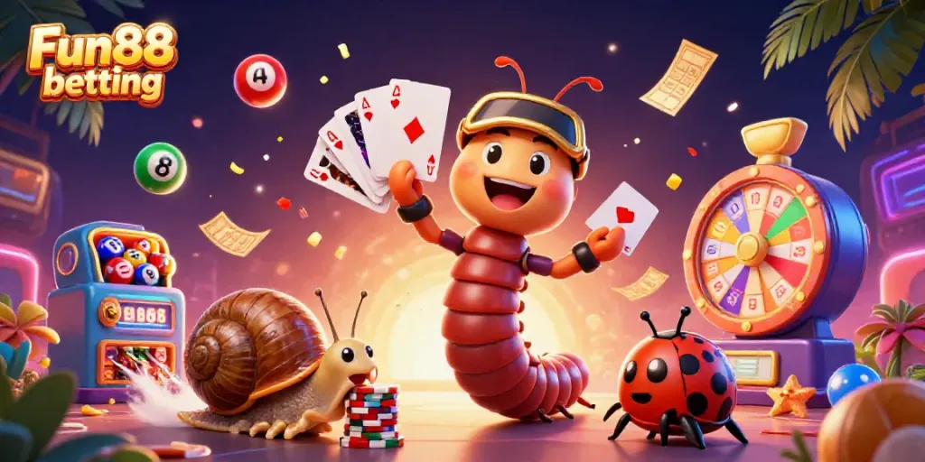 Engage with Fun88 betting in a vibrant 3D gaming scene filled with playful characters and casino elements.