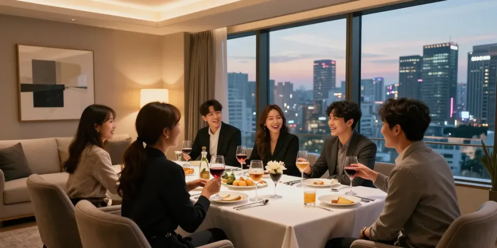 강남구구단의 고급스러운 독립 룸에서 친구들과 함께 즐거운 시간을 보내는 모습