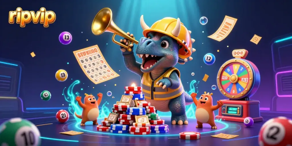 Experience ripvip with a vibrant 3D casino scene featuring colorful gambling elements and joyous characters.