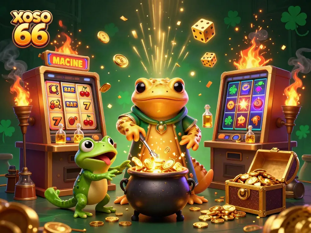 XOSO 66 showcases a medieval alchemist turning metals into gold, surrounded by casino excitement.