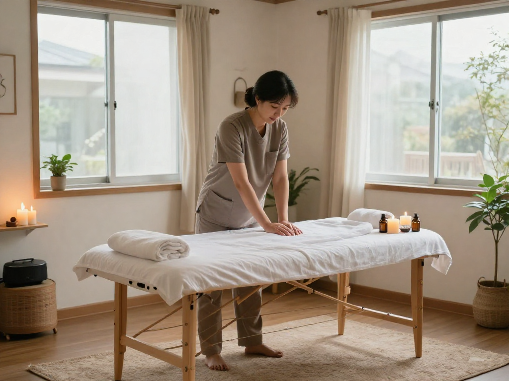 Relaxing 부천출장마사지 session in a cozy apartment with therapist and soothing ambiance.