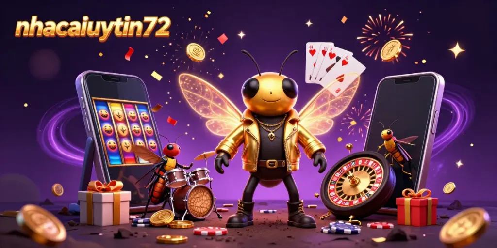 nhacaiuytin72 showcases a lively 3D casino scene with a cicada rock star and casino elements.