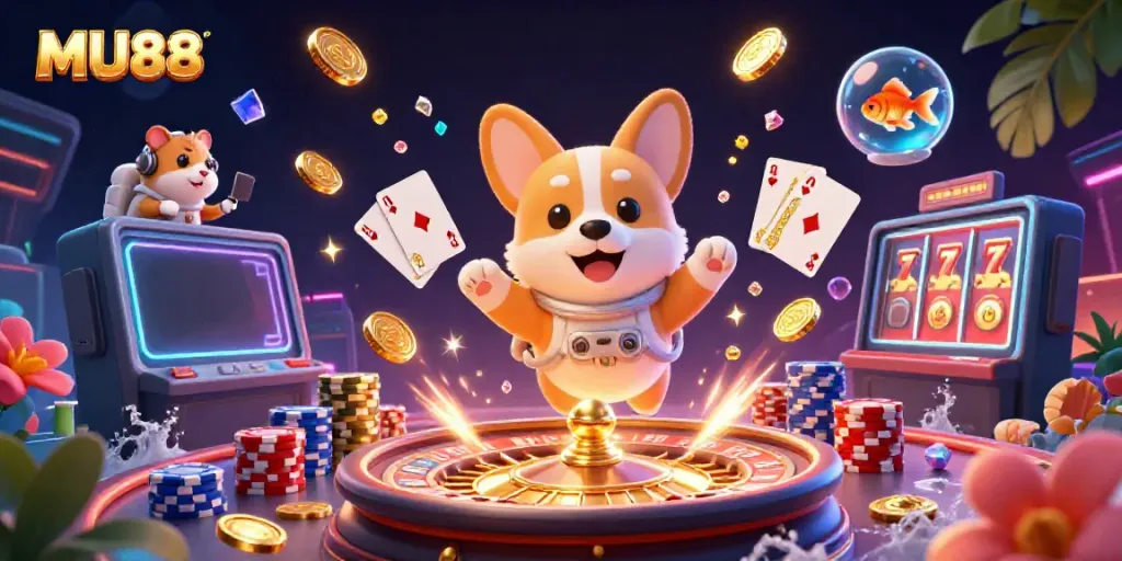 Experience the exciting world of MU88 with a vibrant 3D scene of an astronaut corgi surrounded by casino elements.