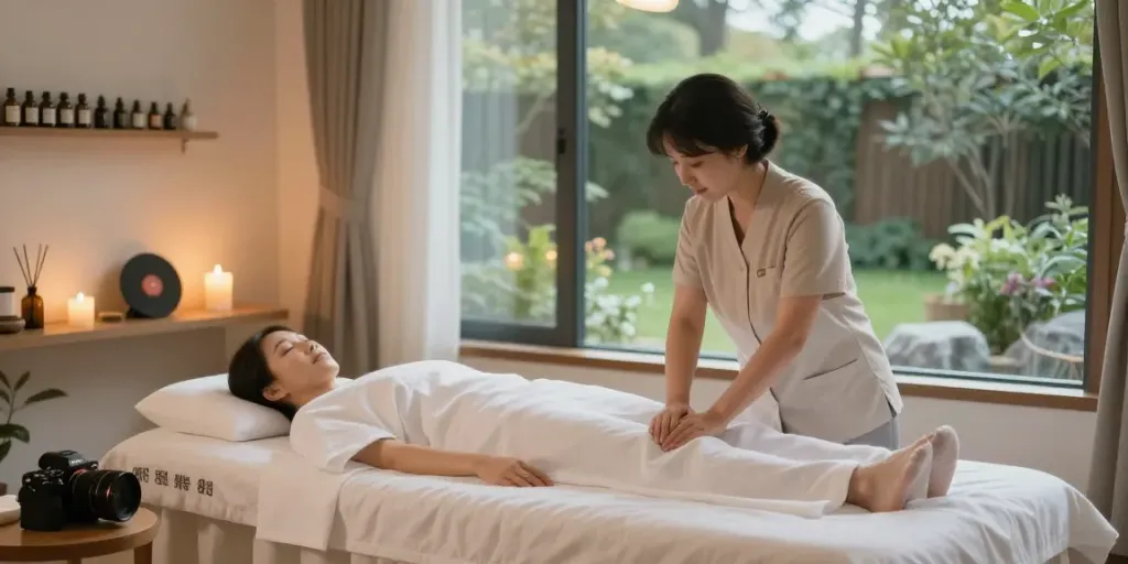 Relaxing wellness room for 성남출장안마 therapy session with candles and natural light.
