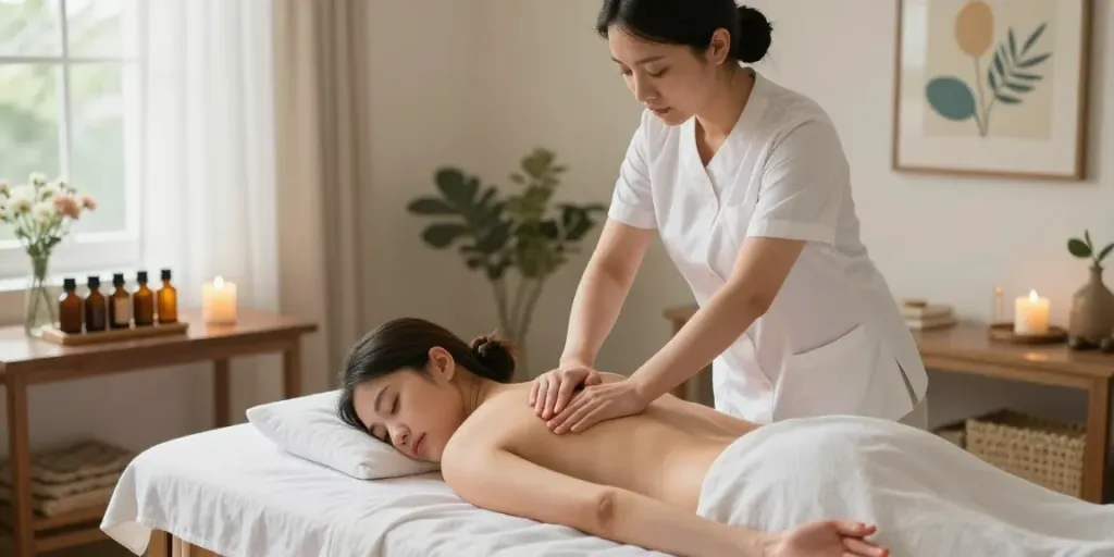 부천출장안마에서 전문 치료사가 아로마 마사지 제공하는 장면.