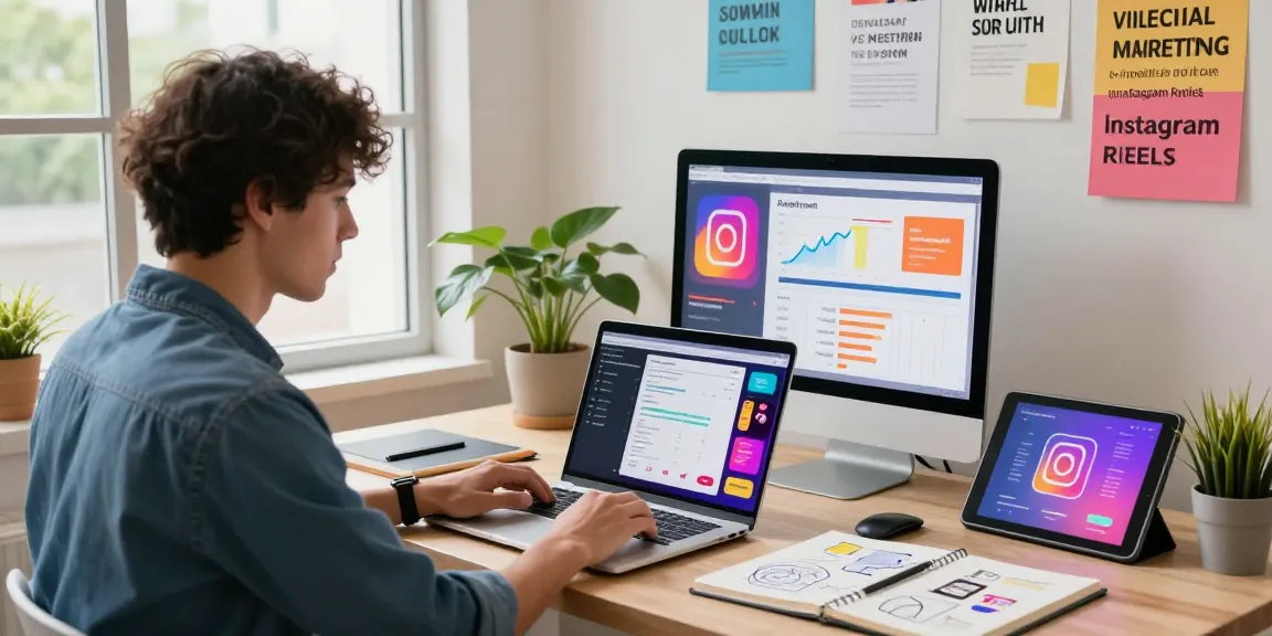 インスタ リール 再生回数 購入に向けた分析を行う若手マーケティングプロフェッショナルの活気あるオフィスシーン