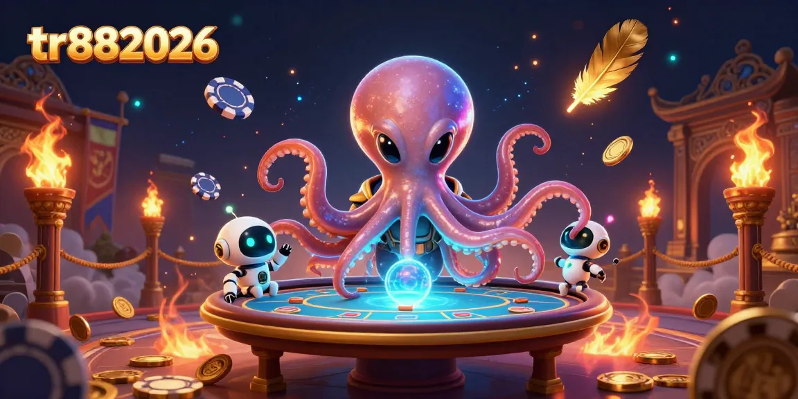 Experience exciting games at tr882026 featuring an alien octopus with a holographic poker table amidst rich casino elements.