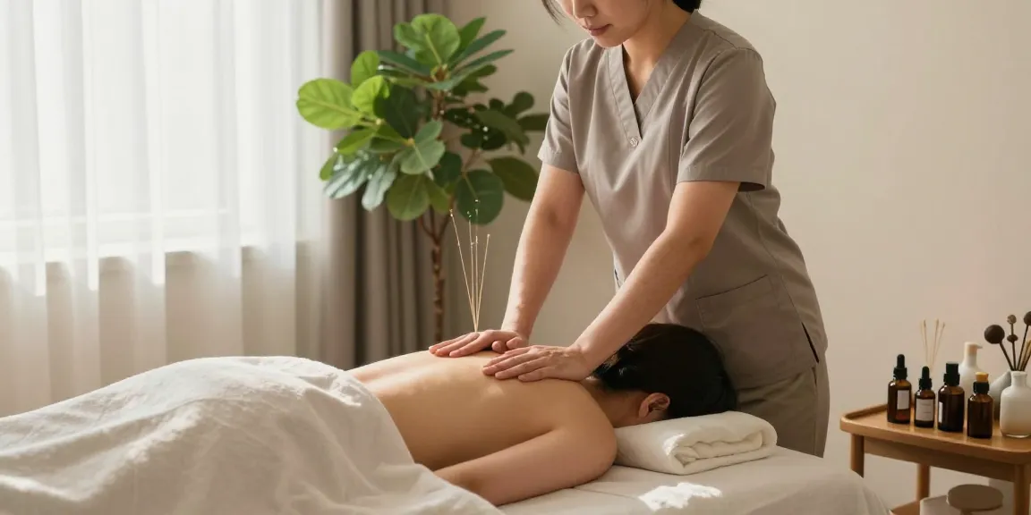 종로출장마사지 session in a tranquil home environment with a professional therapist, relaxing atmosphere, soft linens, essential oils