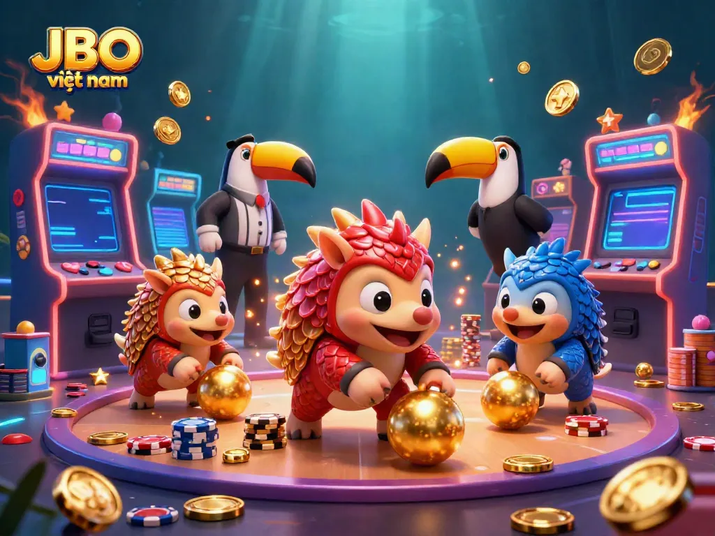 Engage in thrilling gameplay at JBO việt nam, featuring colorful pangolins and bright casino elements.