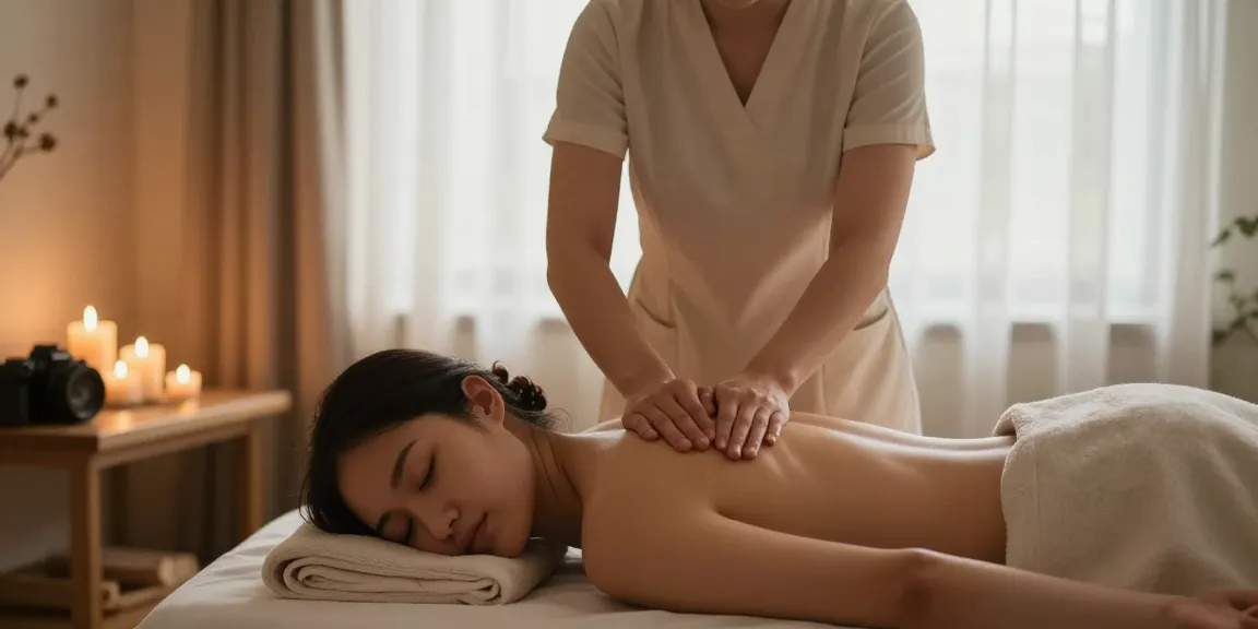 스웨디시 마사지 중인 전문 마사지사와 편안한 고객, 아로마 오일과 촛불로 분위기 조성.