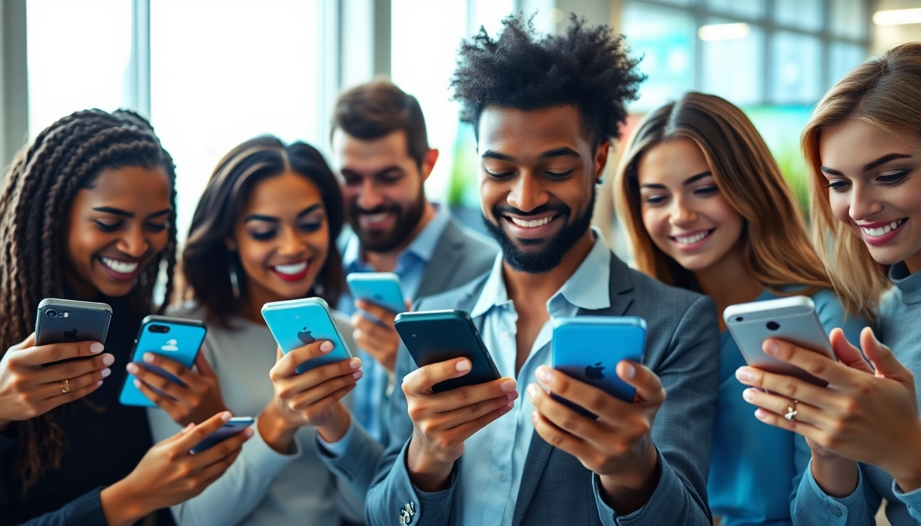 フォロワー購入のためにSNSで交流する人々の活気あふれるシーン。