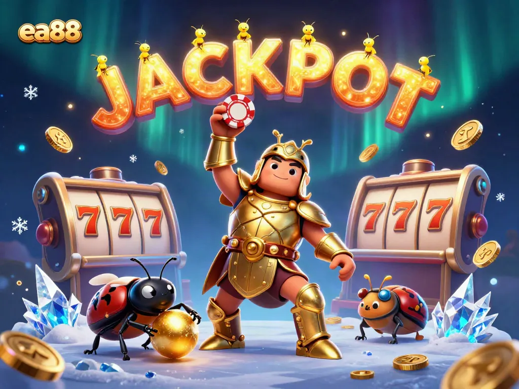 Experience the thrill of ea88 with a victorious beetle in gladiator armor surrounded by dynamic casino elements.