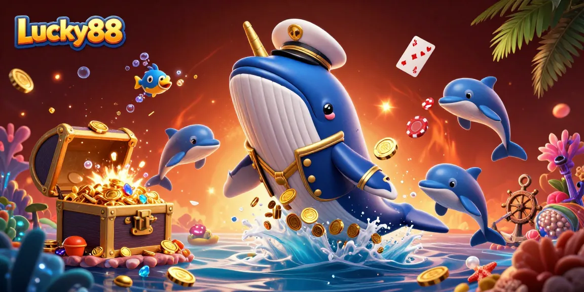 Experience Lucky88’s thrilling slots with a colorful 3D illustration of a whale, narwhal, and playful dolphins enhancing the gaming excitement.