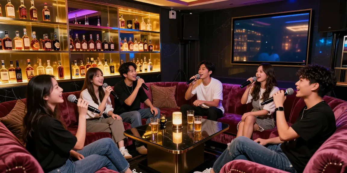강남가라오케에서 친구들과 함께 노래를 부르며 즐거운 시간을 보내는 모습