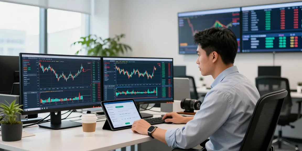 업투익스체인지 trader analyzing real-time cryptocurrency prices in a modern office setting