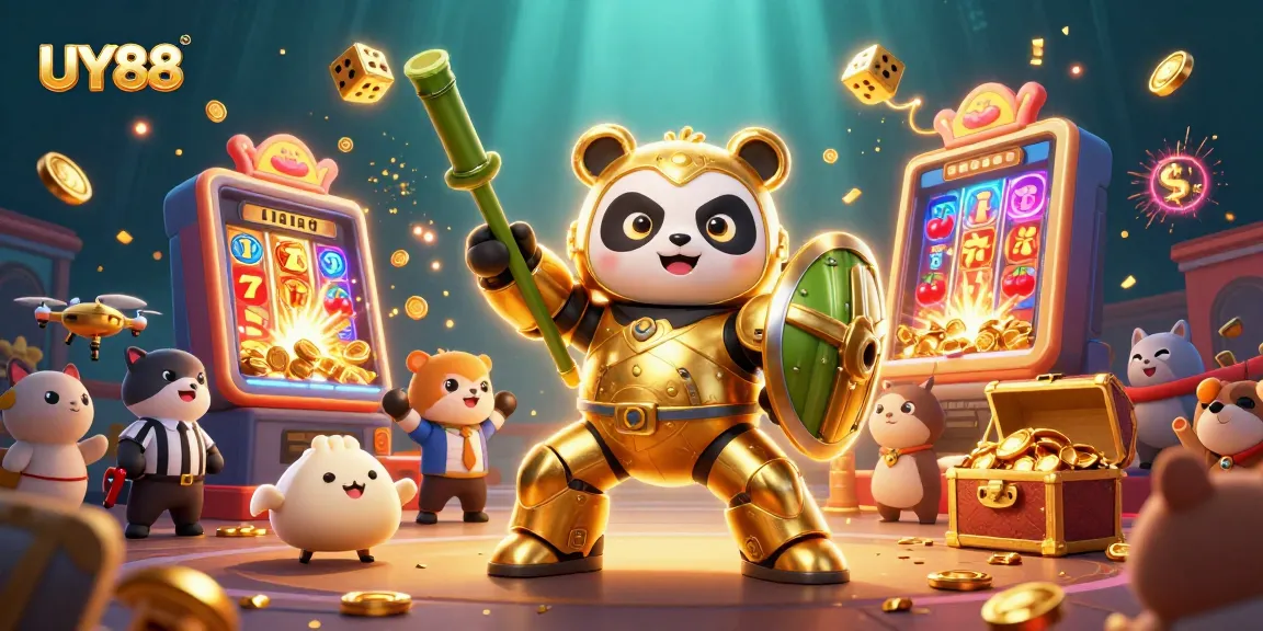 Experience UY88's gaming excitement with a dynamic scene of a golden panda and jackpot action.