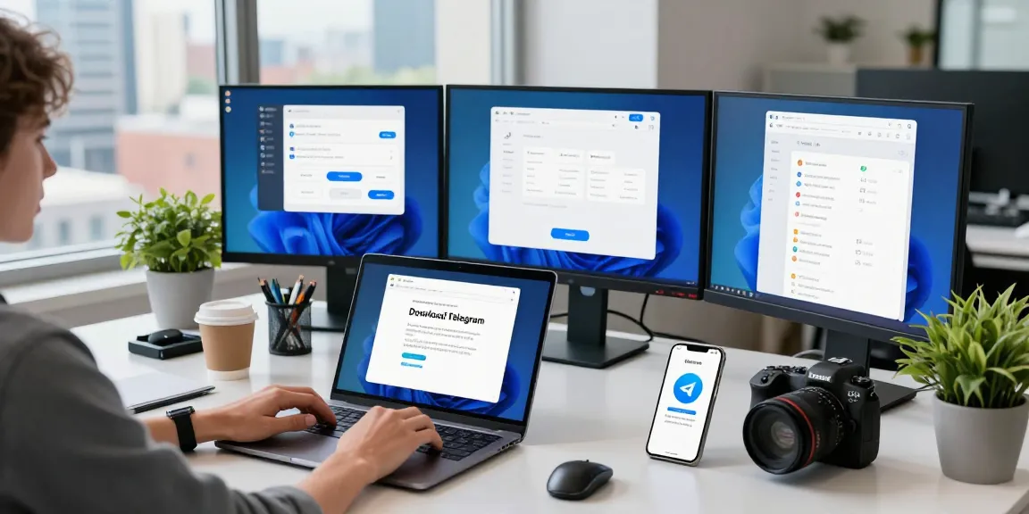 Download Telegram on a modern tech workspace with vibrant city views.