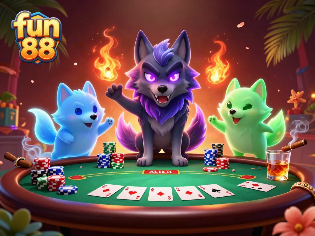 Engage in fun 88 gaming with a vibrant 3D scene featuring wolves at a poker table, showcasing excitement.