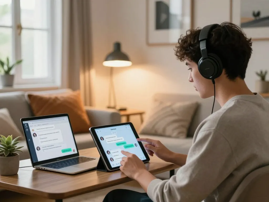 User interacting with an nsfw chat bot on a tablet in a cozy modern living room setting.