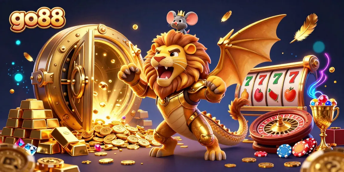Experience thrill at go88 with a golden chimera and jock in a vibrant casino scene!