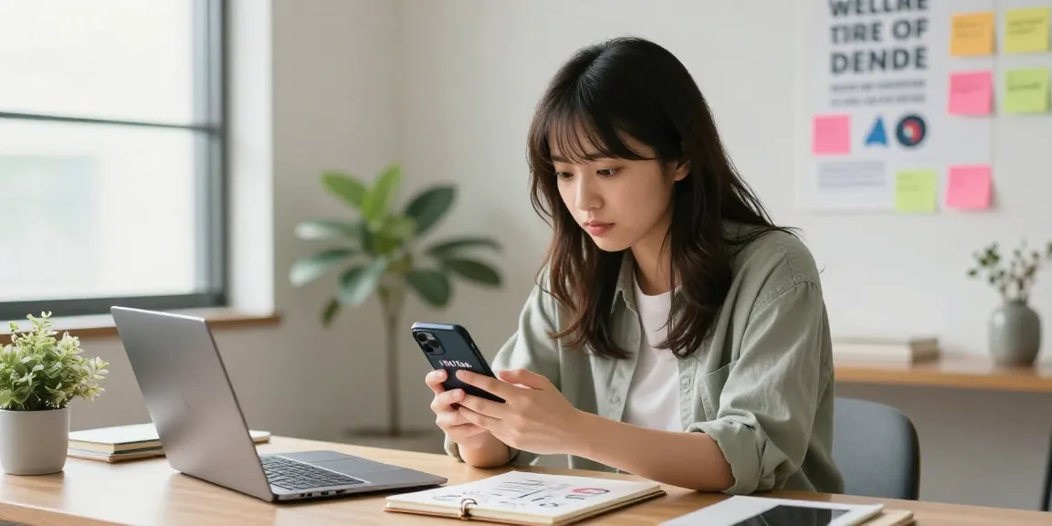 若いインフルエンサーがデスクでスマートフォンを使い、TikTok 再生回数 増加の戦略を考えるシーン。