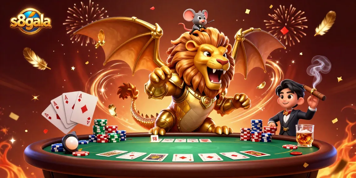 S8gala unleashes excitement with a roaring chimera and vibrant poker scene in a captivating casino atmosphere.