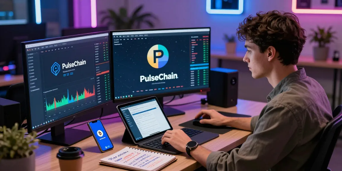 Engaged user utilizing the PulseChain Bridge at a modern trading desk, showcasing cryptocurrency market data and technology.