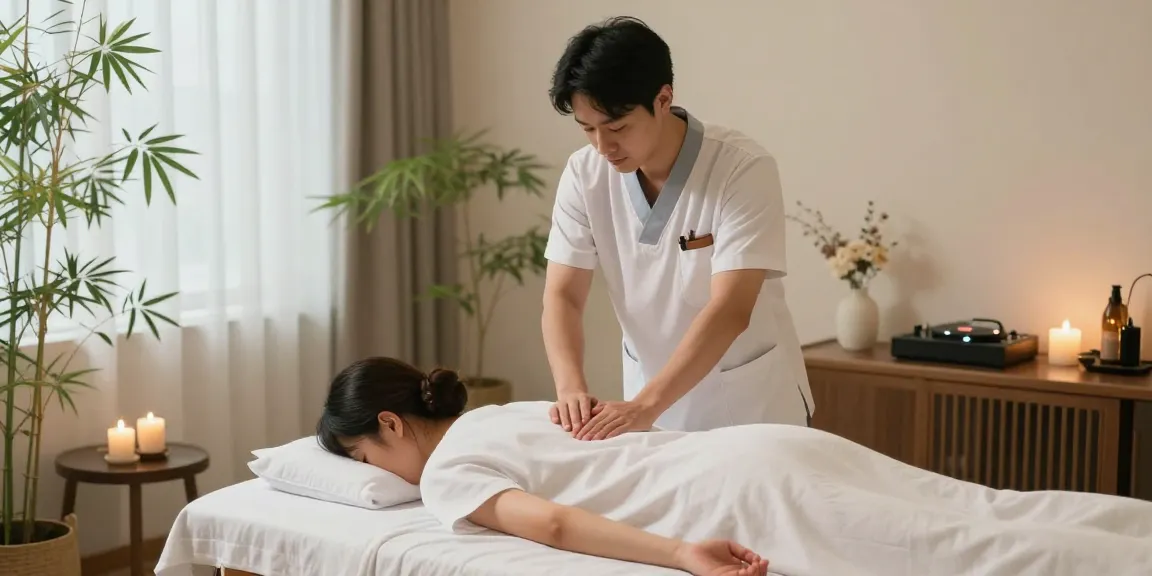 부산마사지로 편안하게 휴식을 취하는 남성 고객과 마사지 치료사 모습