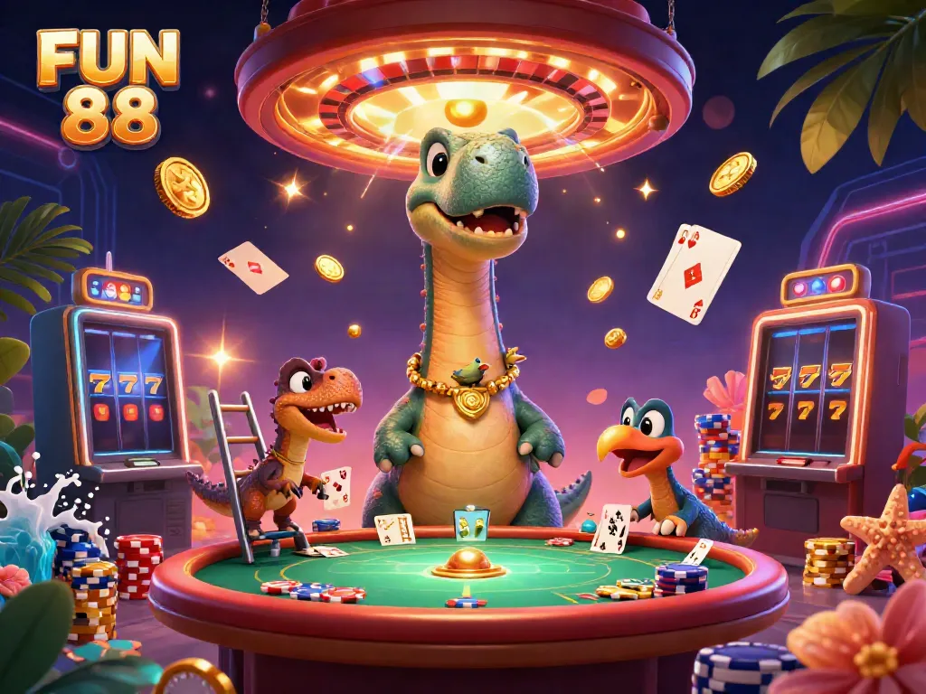 Join the excitement at FUN 88 with a vibrant casino scene featuring playful dinosaurs and dynamic gaming elements.