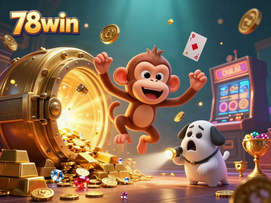 Experience the excitement of 78win with a playful poltergeist monkey juggling coins in a vibrant casino scene.