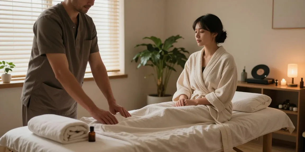 부평출장마사지 전문 마사지 공간 준비 모습, 편안한 분위기와 치유적인 요소가 어우러진 이미지